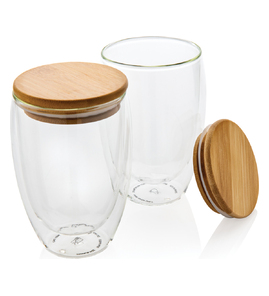 Produktbilde for XD Collection 350 ml Dobbelvegget Borosilikat med Bambuslokk 2-pack Glasskopper